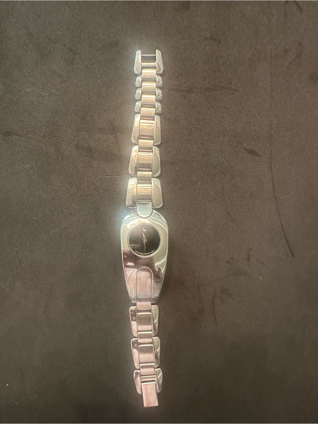 Movado Womens Silver Bracelet Watch With Black Dial